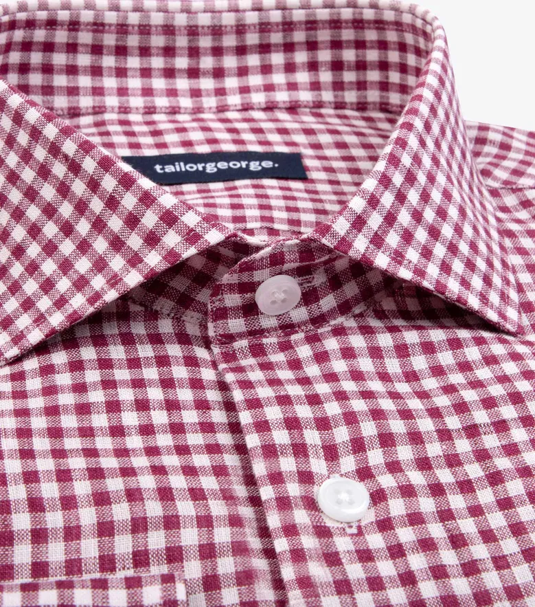 Chemise en lin à carreaux  rouge bordeaux